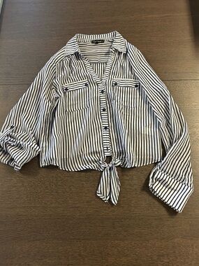 HeartSoul Navy and White Striped Button-Up Top Adjustable Sleeves Size XL